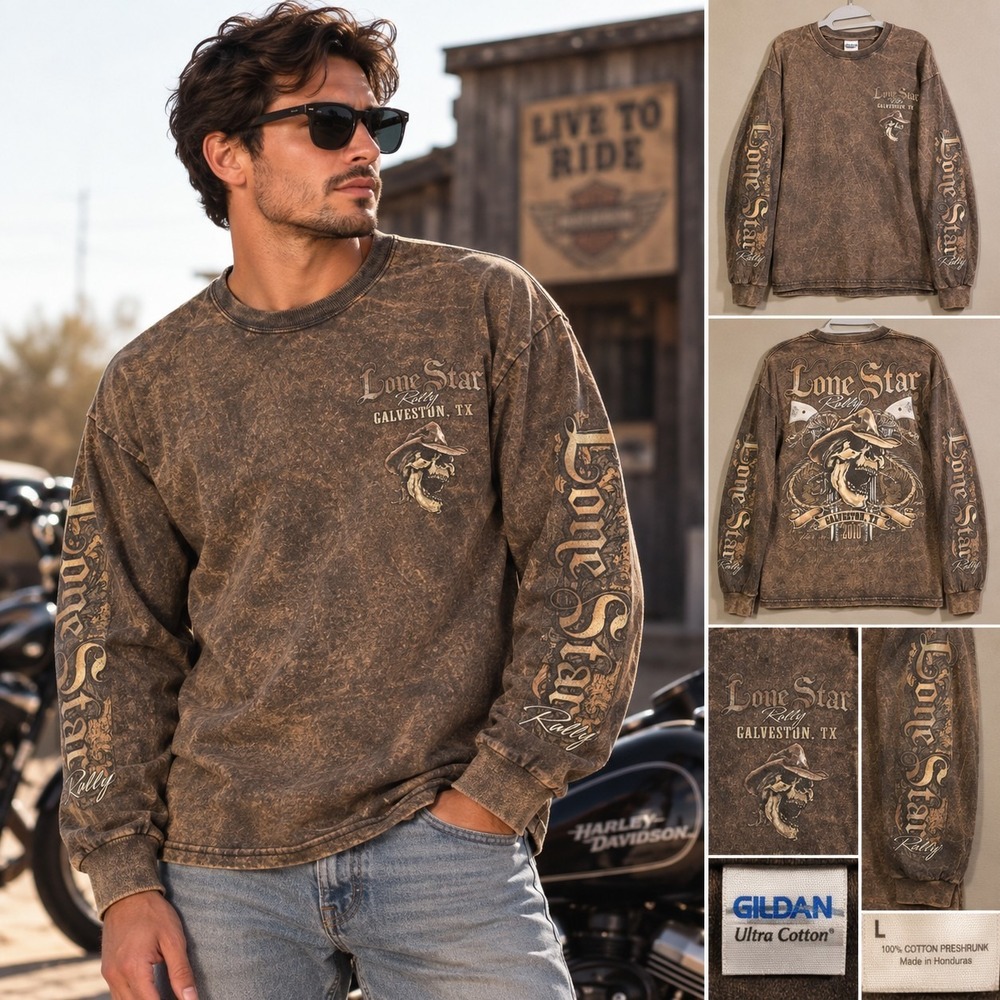 Lone Star Rally Galveston TX 2010 Skull Long Sleeve Shirt Men's Large Biker